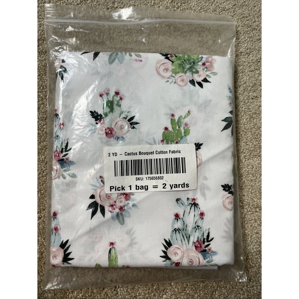 2 Yards Fabric Cactus Bouquet Floral Green Pink White Premium Cotton 44” W USA